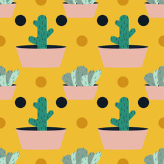 Seamless pattern with cacti in a pot. Vector texture for fabric print, packaging, label of cactus alcoholic drinks