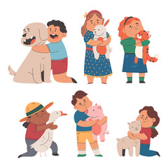 Kids hugging animals and pets vector cartoon set isolated on a white background.