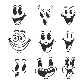 Vintage cartoon face emotions vector set isolated on a white background.