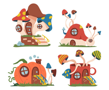 Gnomes and elves fairy houses vector cartoon set isolated on a white background.