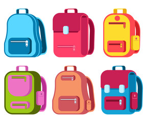 School and travel backpack vector cartoon set isolated on a white background.
