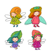Cute little cartoon fairy girls. Elves princesses with wings. Vector.