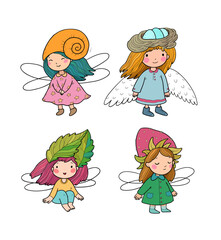 Cute little cartoon fairy girls. Elves princesses with wings. Vector.