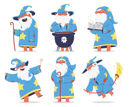 Cute medieval wizard vector cartoon characters set isolated on a white background.