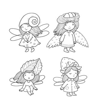 Cute little cartoon fairy girls. Elves princesses with wings. Vector. Illustration for coloring books.