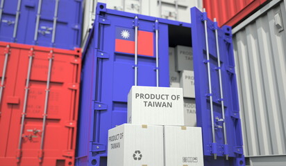 Cartons with goods from Taiwan and shipping containers in the port terminal or warehouse. National production related conceptual 3D rendering