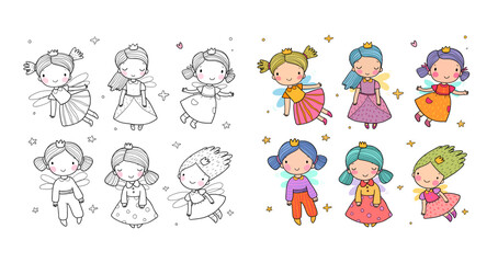 Cute little cartoon fairy girls. Elves princesses with wings. Illustration for children s t-shirt . Illustration for coloring books. Monochrome and colored versions.