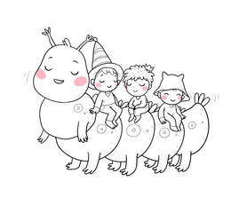 Cute cartoon gnomes are sitting on a caterpillar. Forest elves. Funny boys brothers. The little prince and his friends. Vector