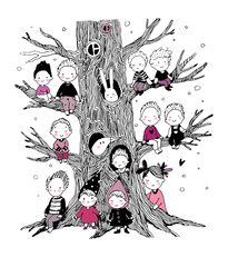Cute cartoon gnomes are sitting on a tree. forest elves. small children play near the big oak tree. black and white graphic hand drawn illustration.