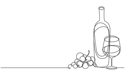 Wine glass, a bottle of wine and grapes. Still life. Sketch. Draw a continuous line. Decor - obrazy, fototapety, plakaty