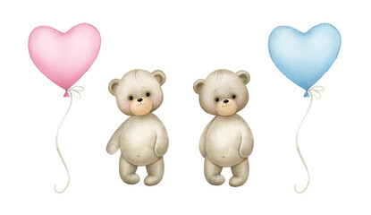 Teddy bears with pink and blue balloons.
