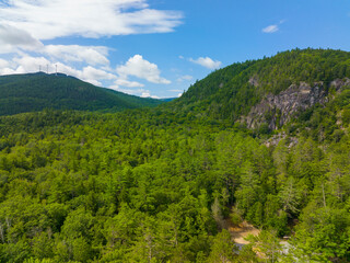Fototapeta na wymiar White Mountain National Forest aerial view in summer near Polar Caves Park in town of Rumney, Grafton County, New Hampshire NH, USA. 