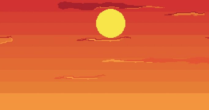 Pixel game, sky, clouds, sun. Retro sci-Fi animation. Pixel art 8 bit