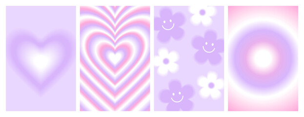 Y2k blurred gragient posters. Heart, daisy, flower, abstract geometric shape in trendy 90s, 00s psychedelic style. Holographic vector background. Lilac, pink pastel colors. - obrazy, fototapety, plakaty