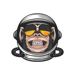 Vector Smiling Chimpanzee Ape with Astronaut Helmet, Funny Monkey with Cosmonaut Mask for Space Exploration. Spaceman Head Protection for Wall Art, T-shirt Print, Poster. Cartoon Cute Chimp Monkey © gomolach