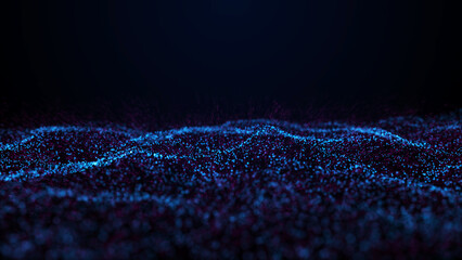 A wave of particles. Abstract background with dynamic blue wave. Blue background with moving particles. Science and technology. 3d rendering.