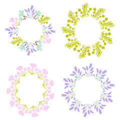 Floral hand drawn round frame template. Colorful botanical ornate with doodle wild flowers isolated on white background. Beautiful wreath for wedding invitation card design elements.