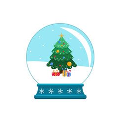 Snow globe with fir tree, ornament and gifts. Flat, cartoon, vector