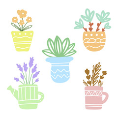 Flower in flowerpot isolated icon set. Simple doodle hand drawn vector botanical illustration. Beautiful house plant.