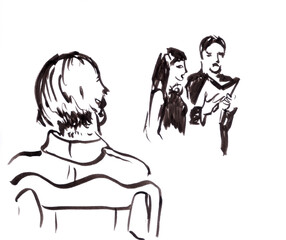 performance of opera singers at a concert, graphic black and white drawing