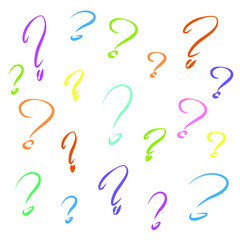 Colored background with question marks on a white background. Illustration for idea, answer, question, doubt, problem, riddle, puzzle. Illustration for scientific research, questionnaire, education.