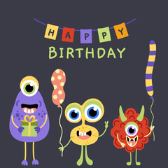 Happy Birthday card. Monster party. Monsters with gift, balloon. Flat, cartoon, vector
