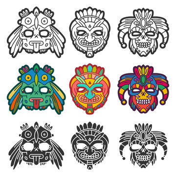Aztec warrior mask vector cartoon set isolated on a white background.