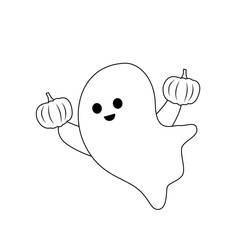 Ghost with pumpkins coloring page. Black and white ghost. Vector