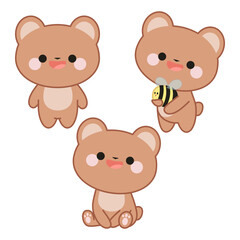Obraz na płótnie Canvas Set of three cute bears in kawaii style. One is standing, the second is sitting, the third is holding a bee. 