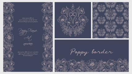 Poppy flowers. Set of elegant classic templates in vintage style. Horizontal border, frame, seamless pattern. Botanical illustration for banners, fabric, frame, website, flyer, wallpaper.