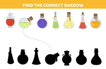 Bottles of potion. Find the correct shadow. Halloween. Shadow matching game. Cartoon, vector