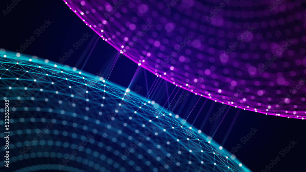 Poster abstract dark background with moving spheres of lines and dots. data transmission. visualization of 