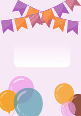 happy birthday gteering card frame with balloons and flags on pale pink background