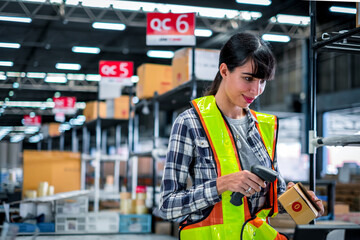 Young woman working in an industrial place of work. logistics service, warehouse management and...