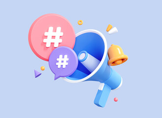 3D Megaphone with Hashtags and bell notification. Loudspeaker for announce promotion in social media and network. Cartoon creative design icon concept isolated on blue background. 3D Rendering