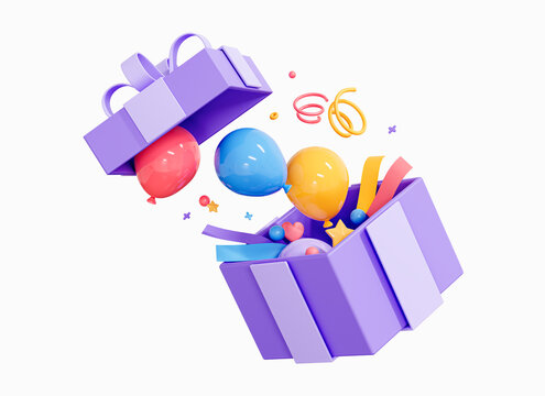 3D Open gift box with falling balloons and party confetti. Birthday surprise. Decorative festive object. Celebration present. Cartoon creative design icon isolated on white background. 3D Rendering