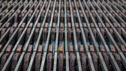 Closeup view of anodes with copper sulfate crystals.