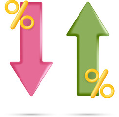 Trading stock market arrows with percent set. Red and green sell to buy curve 3d arrow of trend. Vector illustration