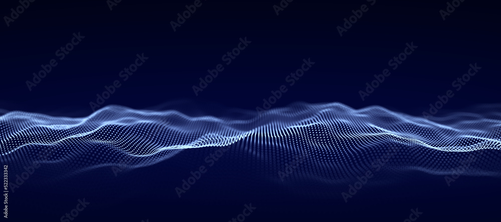 Aufkleber Wave of particles. Big data visualization. Abstract background with a dynamic wave. 3d rendering.