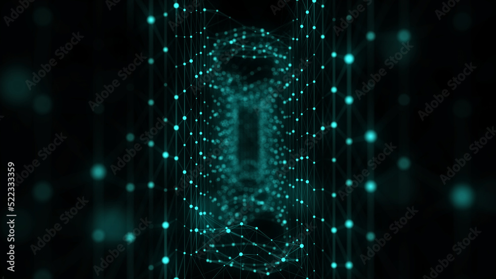 Aufkleber Abstract 3d portal. Square tunnel or wormhole. Digital background with connected green dots. 3d rendering.
