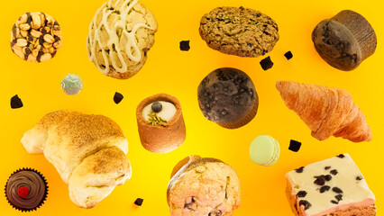 Different sweet pastrys from the pastry bakery floating in the air. Compilation of arranged...