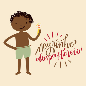 Negrinho do Pastoreio. The Little Black Boy of the Pasture. Fantastic  Creature of Brazilian Folklore. Brazilian Portuguese Hand Lettering Calligraphy. Vector. Brazilian legends and tales.