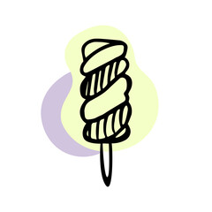 Ice cream on a stick line. Popsicle with yellow and purple spots on a white background. Cute ice cream doodle. Hand drawn vector illustration.