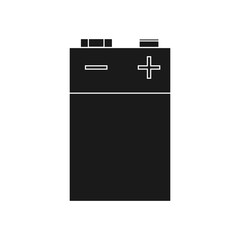9v battery vector icon solid black illustration and power alkaline energy isolated white. Technology electricity and electric object. Supply voltage symbol electronic and electrical accumulator