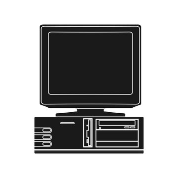 Old computer vector technology illustration pc solid black and retro icon desktop. Digital screen display and symbol 90s. Vintage communication design and office flat equipment personal object