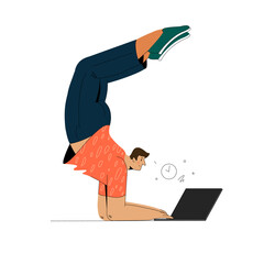 Flexible man at the computer, flexibility in work. Vector illustration.
