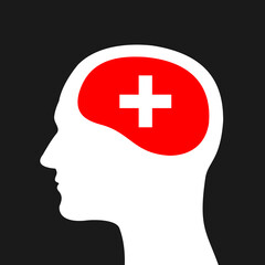 person, human, man and Mental health - head profile and brain with cross as symbol of medicine, medical science and mind. Psychiatry and psychology. Vector illustration isolated black.