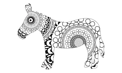 Donkey coloring book for adults vector illustration. Anti-stress coloring for adult ass. Zentangle style jackass. Black and white lines listen goat. Lace pattern brayer and moke