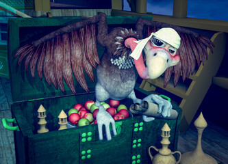 avvoltoio pirata su forziere del tesoro  contenente un cesto di mele - obrazy, fototapety, plakaty