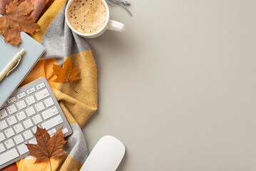 Autumn business concept. Top view photo of keyboard computer mouse notepad pen cup of frothy coffee...